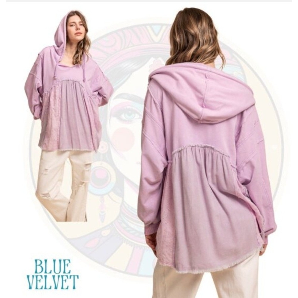 Blue Velvet Oversized Hoodie Women XL Purple NEW Boho Eyelet Lace Babydoll Top